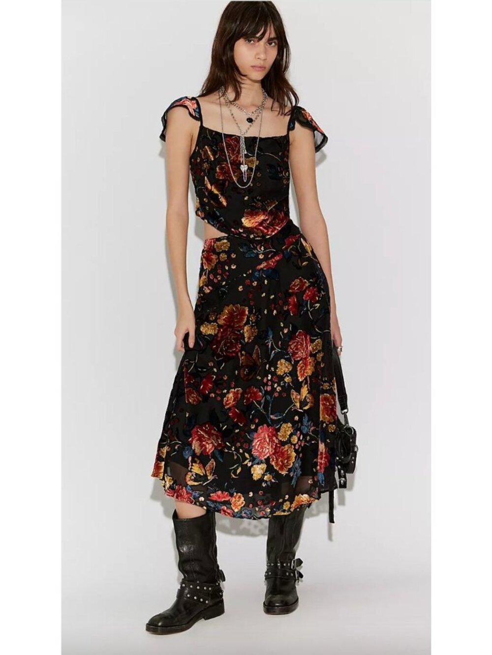 Free People Electra Heart Midi Skirt & Top Set  Small Burnout Velvet Floral Y2K